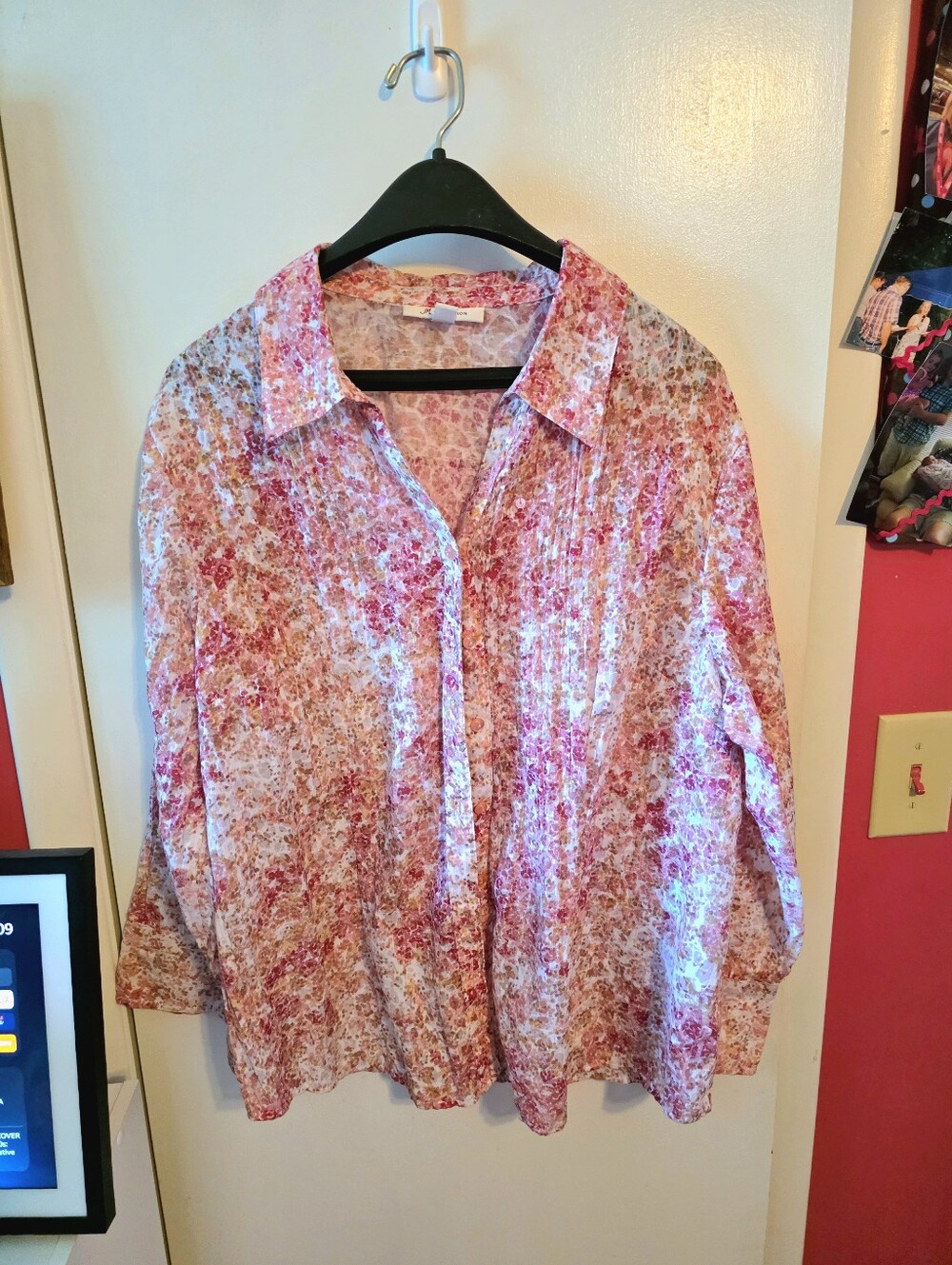JM Collection Women's Size 18 Pink Floral Button Front Roll Tab Blouse Top